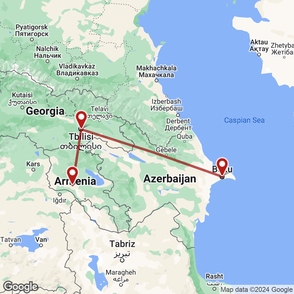 Route for Baku, Tbilisi, Yerevan tour
